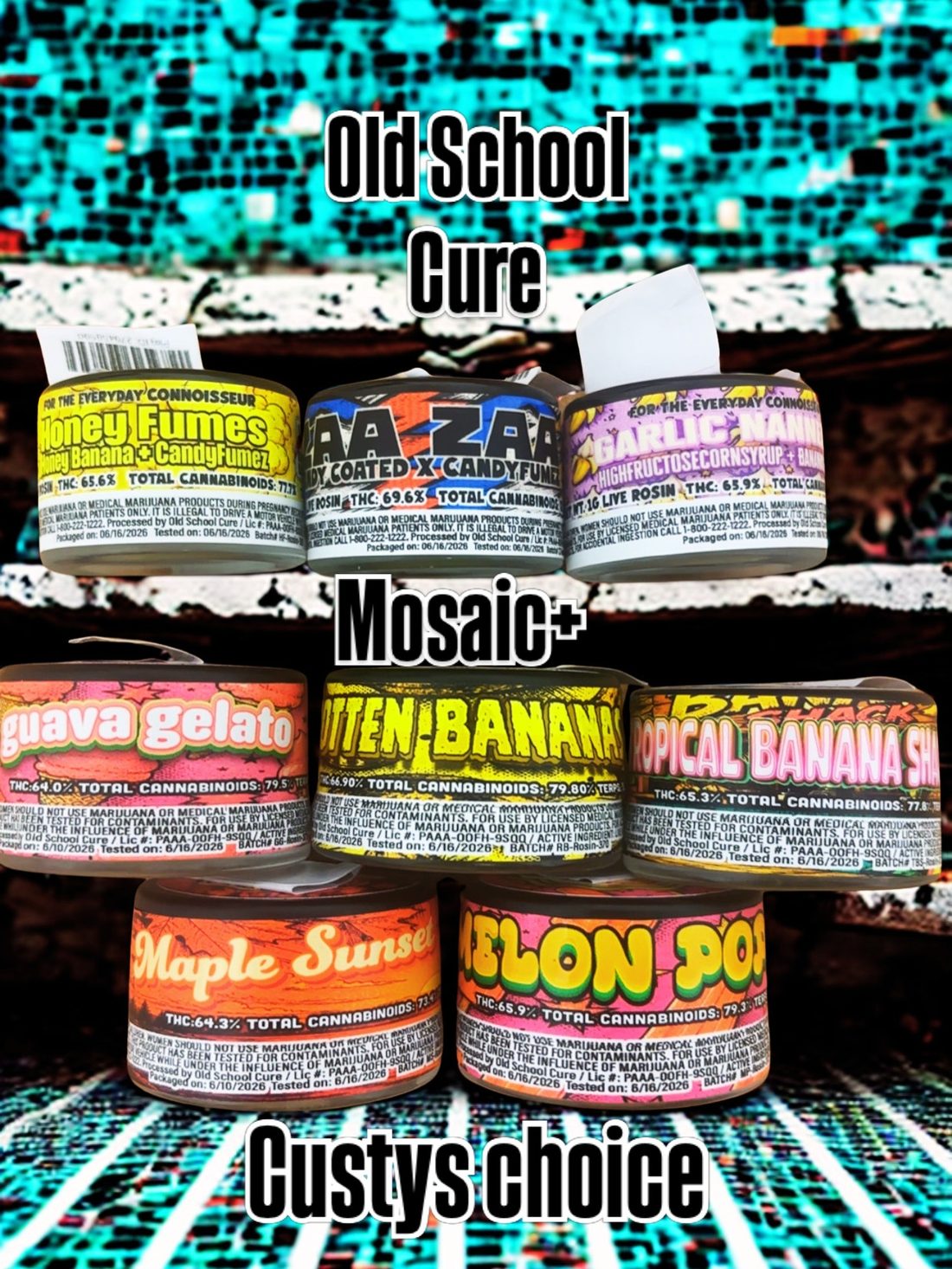 Old School Cure and Custy's Choice live rosin jars — Honey Fumes, Zaa Zaa, Garlic Nanners, Guava Gelato, Rotten Bananas, Melon Popz